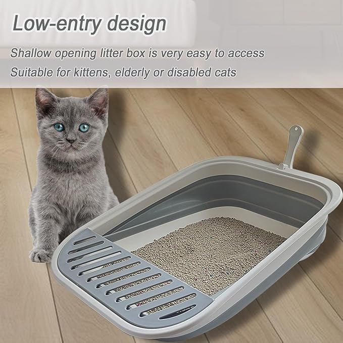 Senior Cat Litter Boxes, Collapsible Open Low Entry Cat Litter Pan with Scoop Travel Kitten Potty Foldable Pet Toilet for Sick Disabled Older Elderly Cats Grey 20.9x15.7x5.7 inch