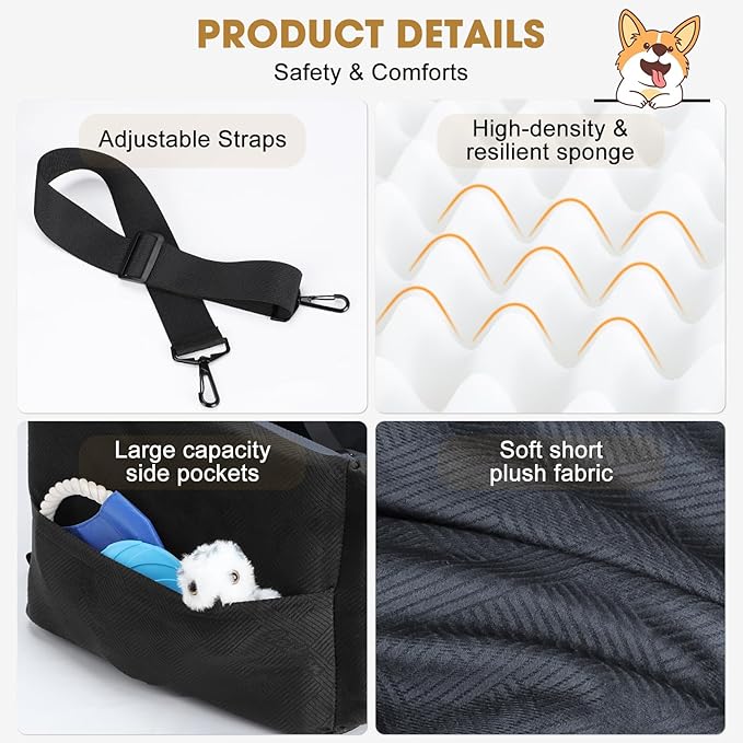 JOEJOY Dog Car Seat for Small/Medium Dogs, Memory Foam Dog Booster Seat with Washable Cover, Travel Safety Pet Car Seat with Storage Pockets for Dogs up to 35 lbs
