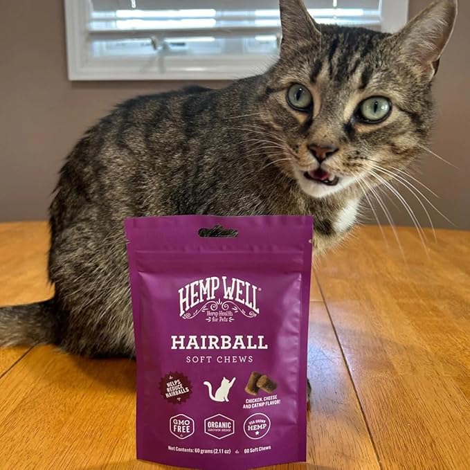 Hemp Well Cat Hairball Soft Chews for Cats, Organic USA Grown, Chicken Cheese & Catnip Flavor!