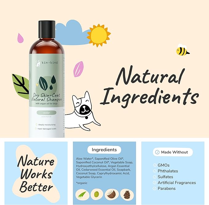 kin+kind Dog Shampoo for Dry, Itchy Skin and Coat Relief - Safe, Natural Formula with Olive Oil, Coconut Oil, Cedarwood - Made in The USA - Dog Grooming, Puppy Supplies, and Dog Accessories(12 fl oz)