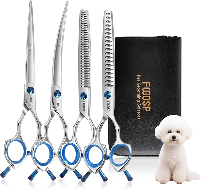Dog Grooming Scissors Set 7.5 in Professional Curved Thinning Straight Chunker Shears 4Pcs Kit Grooming Big Dogs Poodle Pet Japan 440C Stainless Steel(7.5'',Kit)