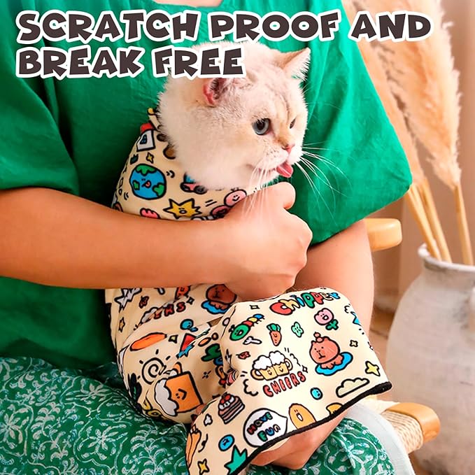 Cat Grooming Wrap, Self-Adherent Soft Cat Blanket to Wrap, Nail Clipping, Anti-Bite, Anti-Scratch, Anti-Escape Calming Wrap (Cute Prints, 10-13 lbs)