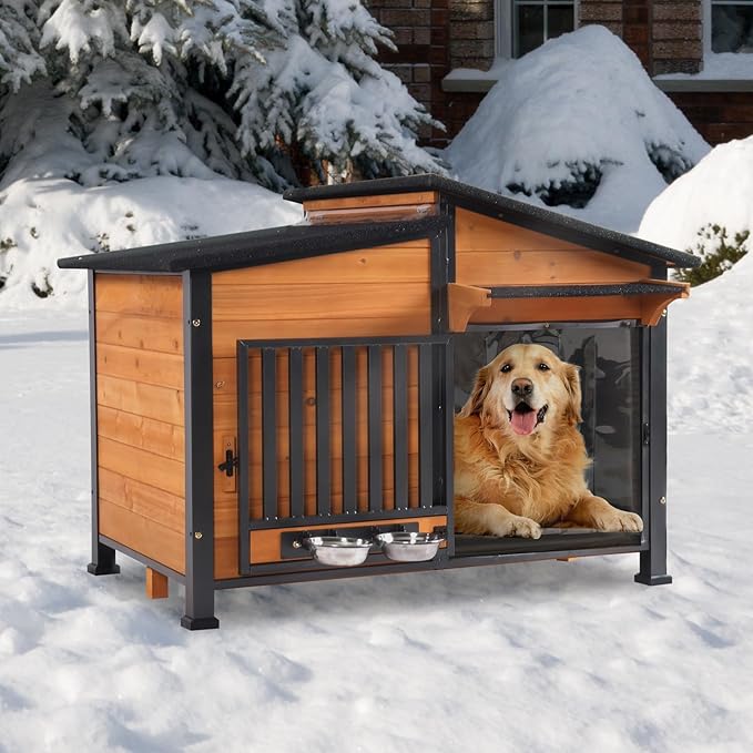 GUTINNEEN Outdoor Dog House Insulated Large Weatherproof Dog Shelter with Chew-Proof Full Metal Frame, 360° Rotatable Spill-Proof Bowl, Openable Roof, Removable Inner Floor for Dogs