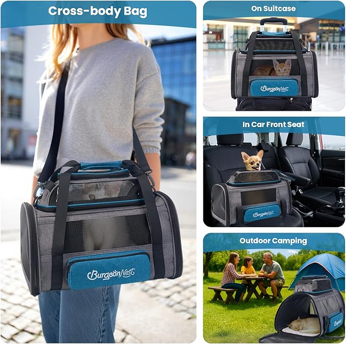 BurgeonNest Top-Expandable Pet Carrier, Airline Approved Dog Cat Carrier, Soft-Sided Puppy Kitten Carriers Up to 15 Lbs, Underseat Travel with Storage Pocket and Anti-Scratch Mesh, 18x11x11, Blue