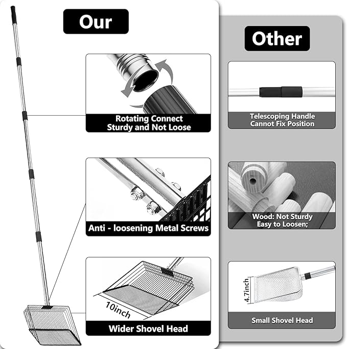 10 Inch Chicken Poop Scooper, Large Metal Chicken Coop Scoop, Chicken Litter Sifting Shovel, Chicken Coop Rake with Retractable Stainless Steel Handle, Chicken Coop Cleaning Tools Accessories