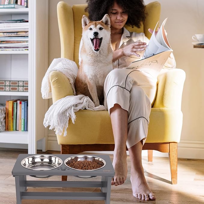 HTB Elevated Dog Bowls, Raised Dog’s Food Stand with 2 Stainless Steel Bowls, Elevated Raised Dog Dishes for Large Medium Small Sized Pet Sturdy Bamboo Food Feeder Natural