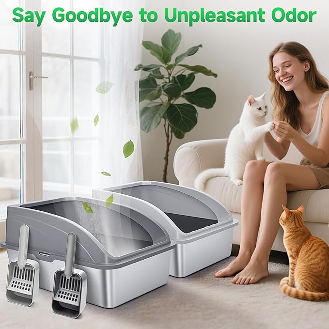 2 Pack Stainless Steel Cat Litter Box with Lid, XL Extra Large for Big Cats, 24" L x 16" W x 12" H, Metal Litter Box High Sided, Easy Cleaning, Include Scoop (Dark Gray & Light Gray)