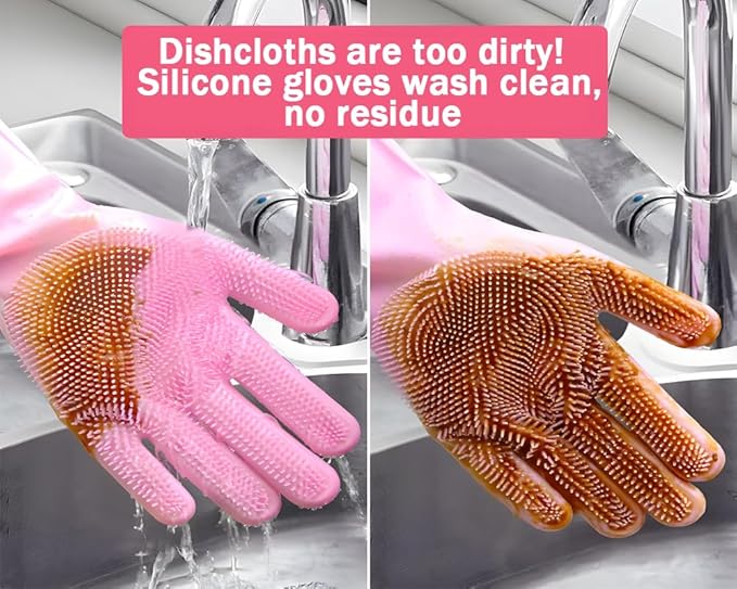 1 pairs Silicone Dishwashing & Pet Grooming Gloves - 2-in-1 Heat Resistant Gloves with High-Density Teeth, Enhanced Five Finger Design for Bathing, Cleaning Dishes, Cars, Dogs & Cats (Pink)