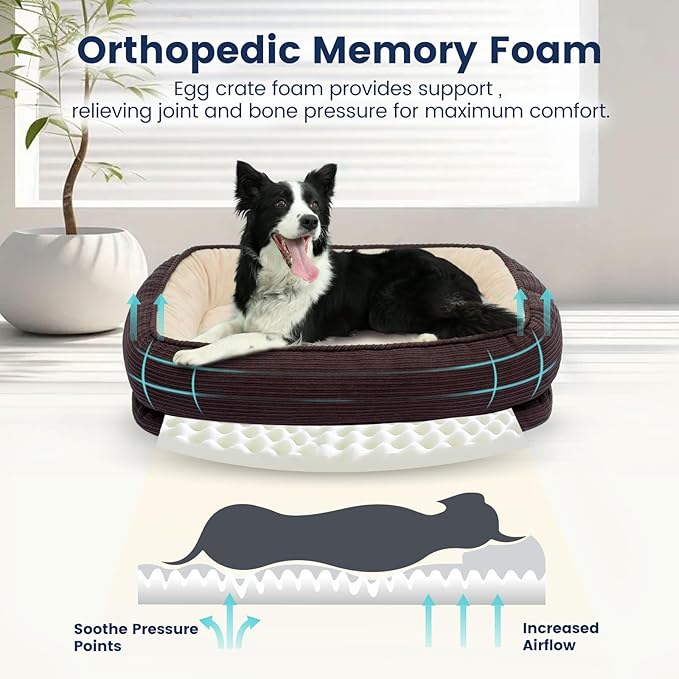 Orthopedic Dog Bed for Medium Size Dog Washable Cover, Egg Crate Foam Cat Bed for Senior Cat,Oval Kennel Bed, Pet Couch Bed with Four Sided Bolster, Removable Washable Cover Non-Slip Bottom, Brown