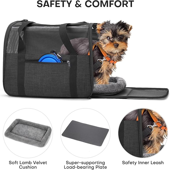JUNGYOUN Premium Cat Carrier - Pet Carrier for Cat & Small Dogs up to 15lbs - Airline Approved Travel Dog Carrier with Anti-Escape Zippers, Collapsible Travel Bowl & Padded Strap,Dark Grey