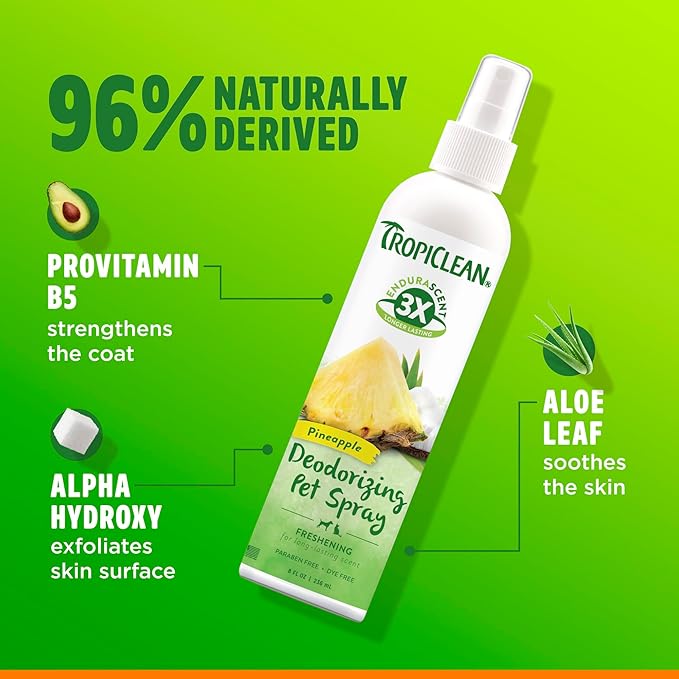 TropiClean Dog Perfume, Long Lasting Pineapple Cologne, Deodorizing Spray for Smelly Dogs, After Bath Detangling Spray, Safe for Cats, 8oz.