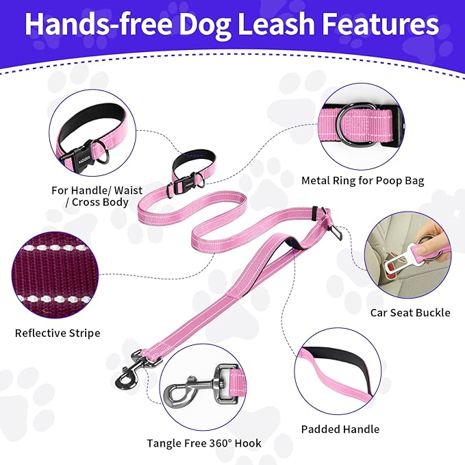 Hands-Free Dog Leash with Adjustable Length 6-9FT + Dual Padded Handles Reflective Safety for Walking, Jogging & Training | Suitable for Medium to Large Dogs & Puppies Pink-L