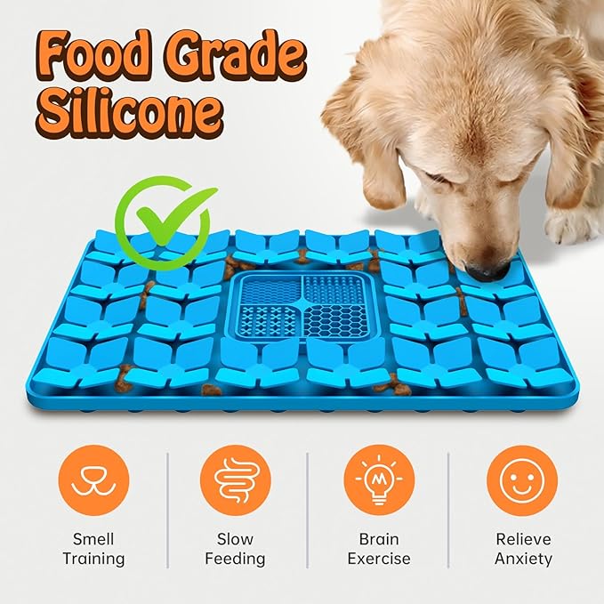 Lick Snuffle Mat for Dogs & Cats with Suction Cups, 2 in 1 Silicone Pet Food Mats Interactive Slow Feeder Licking Toy for Anxiety Relief, Upgraded Lick Mats for All Breeds (Blue, 16.7in x 11.4in)