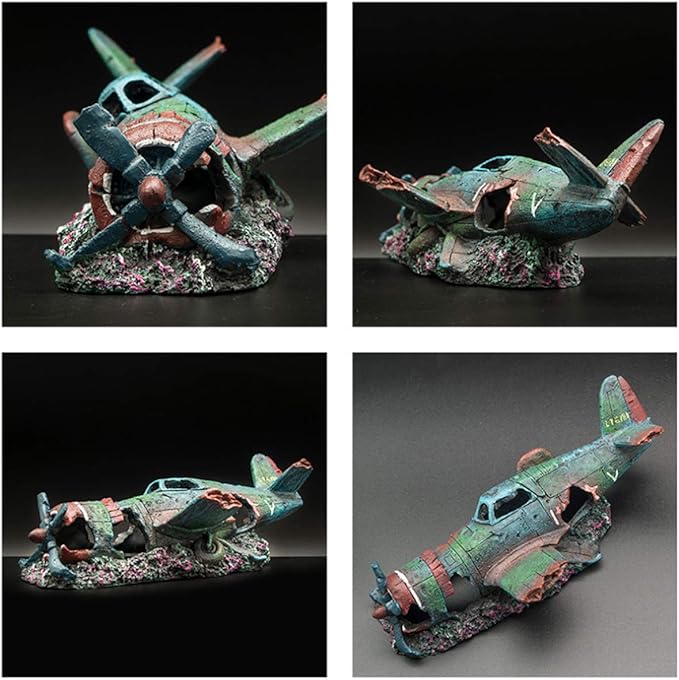 Fish Tank Decoration Fighter Vintage Airplane Ruins Submarine Landscape Fish Shrimp Shelter Cave Hideout Resin Aquarium Decor Turtle Tank Decoration