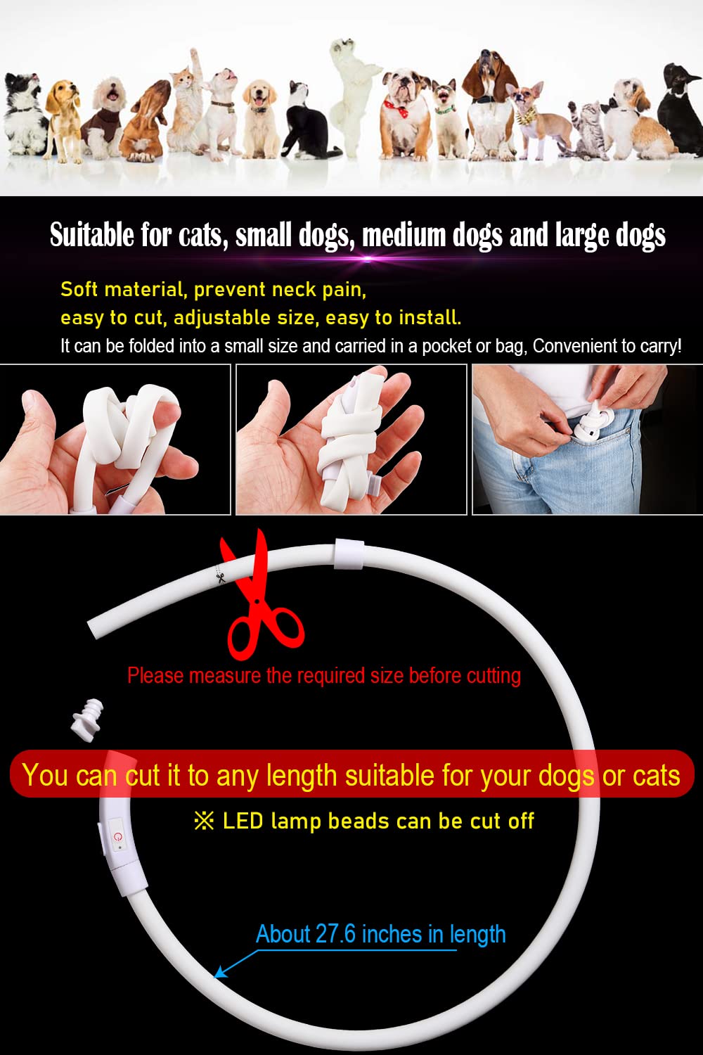 Waterproof LED Dog Collar USB Rechargeable Light Up Dog Collars Lights for Night Walking Lighted Safety Training & Behavior Aids for Small Medium to Large Dogs