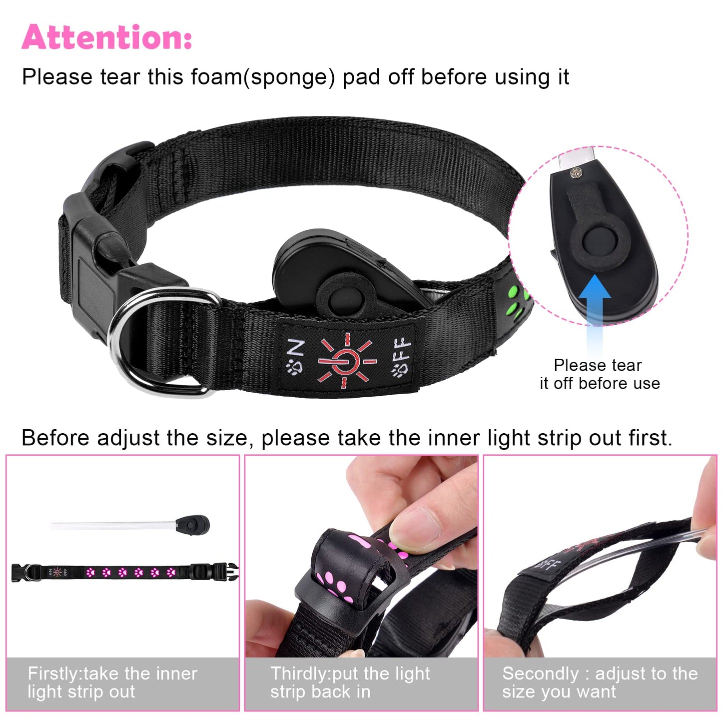 AUAUY Light Up Dog Collar, LED Dog Collar Light USB Rechargeable, Waterproof Flashing PVC Leather Adjustable Glowing Super Bright Dog Light Up Collar for The Dark for Small Medium Large Dogs (Pink-S)
