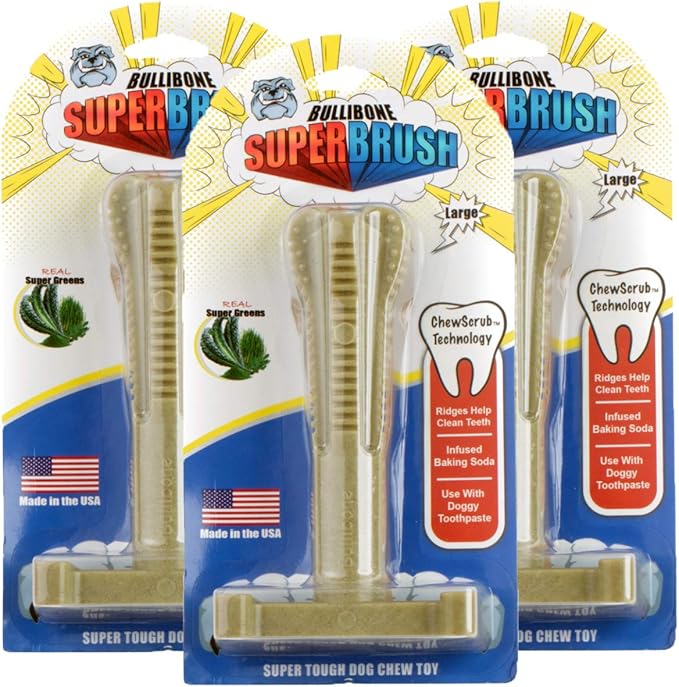 Bullibone SuperBrush: Dog Teeth Cleaning Brushing Toothbrush Stick - Long Lasting Nylon Super Greens Chew Toy for Oral Care and Dental Health