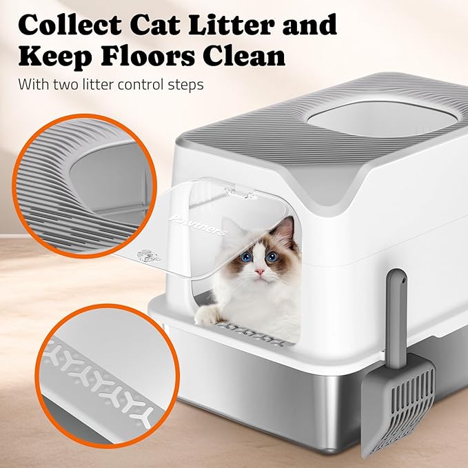 Pawtners Stainless Steel Cat Litter Box, XL Extra Large Kitty Litter Pan, Front Entry Top Exit Enclosed Metal Cat Toilet for Odor Control with Removable Lid & Scoop, Anti-Leakage, Easy to Clean