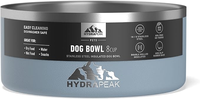 Hydrapeak Dog Bowl; Non Slip Stainless Steel; Water and Food Dish; Large Sized and Small Dogs; 32oz 64oz; Multiple Sizes | 8 Cup | Storm