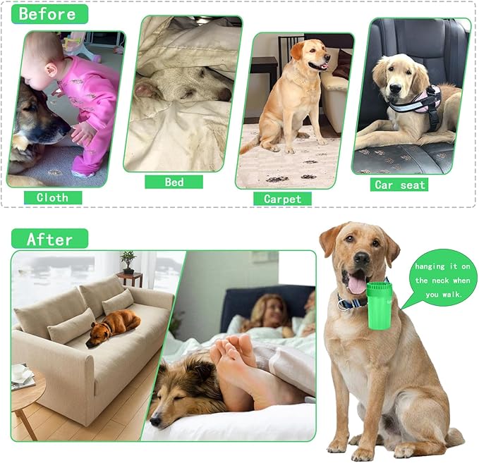 Dog Paw Cleaner for Meduim/Small Breed Dogs with 3Pcs Absorbent Towels & Graspable Dog Bath Brush (Green, Medium)