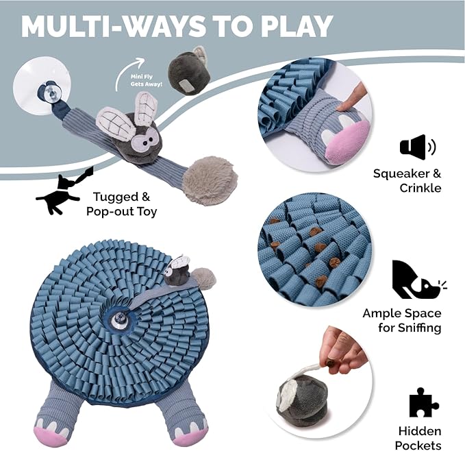 POPUPJOYS Durable Hide & Seek Snuffle Mat for Dogs, 2-in-1 Enrichment Puzzle Toy with Detachable Tail & Squeaker, Adjustable Difficulty Level with Suction, Machine Washable, Gift-Ready (Elephant)