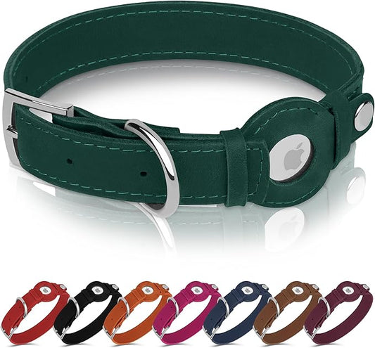 Leather Dog Collar with Airtag Holder - Apple AirTag Dog Collars - Soft Tracking Smart GPS Pet Collar for Small Medium Large Dogs Puppy (Green, L, 15"-19" Neck Fit)
