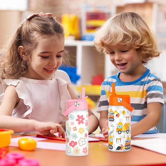 Kids Water Bottle Stainless Steel with Straw Lid, Floral Water Bottle 12oz, Travel Tumbler, Gifts for Girls, Birthday, Christmas, Back To School