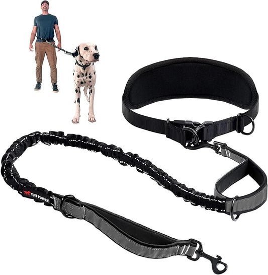 Tuff Pupper Heavy Duty Hands Free Dog Leash | One Large Dog Up to 125 lbs | Comfortable Shock Absorbing Bungee | Reflective Padded Handles | Lumbar Waist Belt 24-42" | Walking Jogging Running Leash