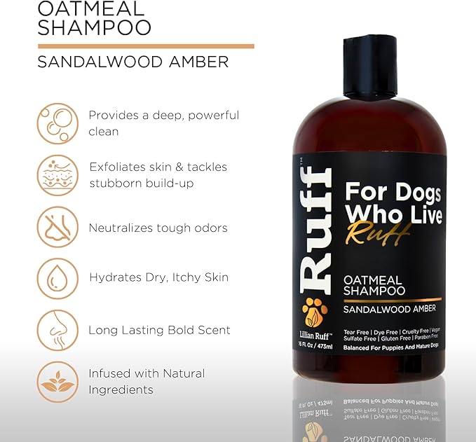 RUFF by Lillian Ruff Oatmeal Dog Shampoo | Sandalwood Amber | Professional Dog Shampoo With Aloe & Coconut Oil | Relieves Itching & Hot Spots | Moisturizing & Deodorizing | Safe for Puppies | USA Made