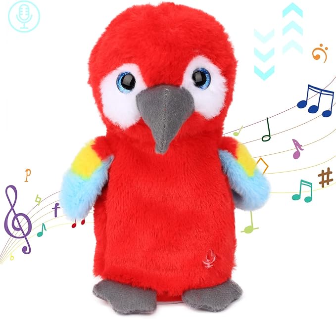 Hopearl Talking Parrot Repeats What You Say Nodding Electric Interactive Animated Toy Speaking Plush Buddy Gift for Toddlers, Red, 7.5''