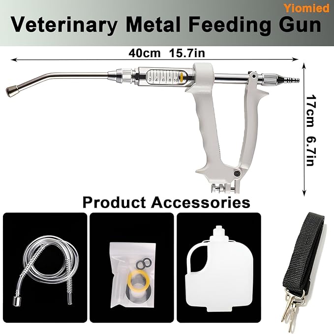 10ML Veterinary Metal Feeding Gun, Continuous Drench Gun Dosing Device Veterinary Adjustable Medicine Dispenser Husbandry Autonomous Feeding Tool, for Pig Cow, Sheep, Horse (White Color, 10ML+Kettle)