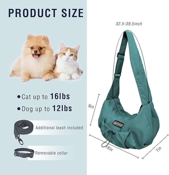 Dog Carrier Sling - Extra Wide Padded Shoulder Straps, Adjustable Hands-Free Small Dog Camier, Ergonomic Design for Travel and Daily Walks, for Small Dogs and Cats 12 lbs, (Peacock Blue)