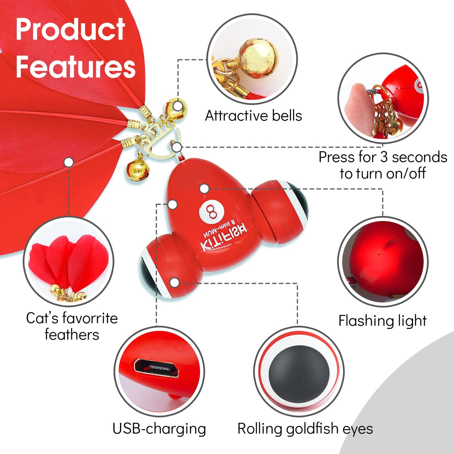 Automatic Cat Toy, Interactive Cat Toys for Indoor, Smart Cat Toys Feather with LED Lights & Bells, for Cat Toy USB Charging Play Moving Indoor