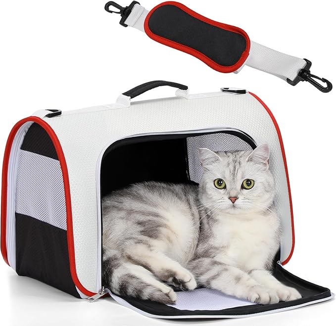 A4Pet Airline Approved Cat Carrier, Suitable for Cats, Puppies Under 18 lbs, Easy On The Go, Easy to Stow, Soft-Sided Cat Travel Carrier, 17" L x 11" W x 11" H, White & Red