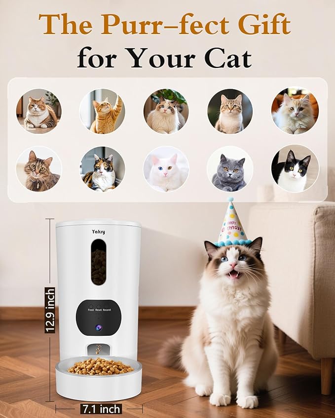 Yakry Automatic Cat Feeder with Camera - 5G WiFi Easy Setup App Control Cat Dry Food Dispenser with Stainless Steel Bowl, 17 Cups, HD 1080P Video with Night Vision for Small Pets Indoor