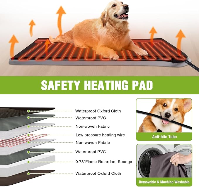 GUTINNEEN Heated Outdoor Dog House Insulated Weatherproof Dog Kennel with All-Around Metal Frame, Anti-Bite Puppy Home with Porch, Dog Shelter for Large Breed (Brown, 50.9'' Large)