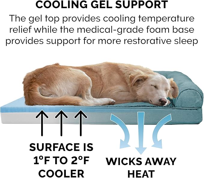 Furhaven Cooling Gel Dog Bed for Large Dogs w/ Removable Bolsters & Washable Cover, For Dogs Up to 95 lbs - Plush & Suede Sofa - Deep Pool, Jumbo/XL