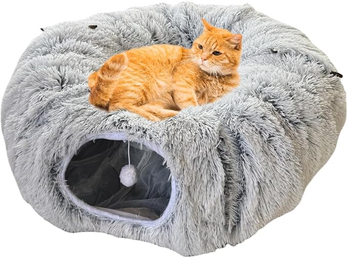Collapsible Cat Tunnel Bed - Plush Multifunctional Pet Bed & Play Tunnel Toys with Hanging Balls & Peepholes for Indoor Kitty Kitten Puppy Rabbit Ferret