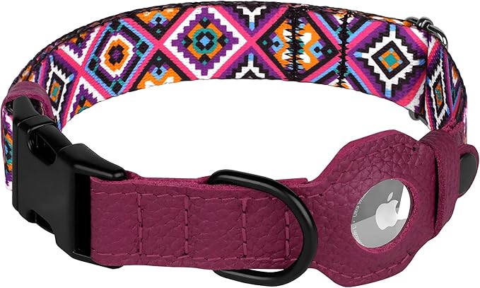 AirTag Dog Collar with Metal Buckle - Soft Leather Printed Nylon Dog Collar with Apple AirTag Holder - Cute Tracking GPS Pet Collars for Girl Boy Small Large Dogs (M, 14"-18" Neck Fit, Aztec)