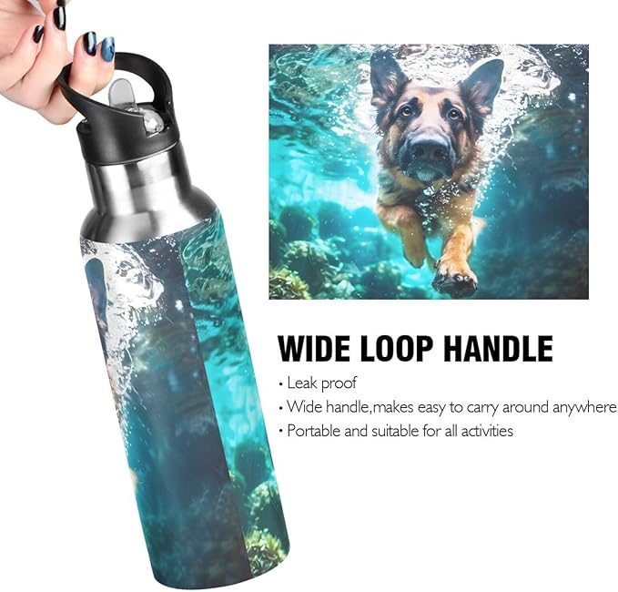 German Shepherd Dog Underwater Water Bottle with Straw Lid Kids Insulated Stainless Steel Water Flask Sports, 20 Oz Hot Cold