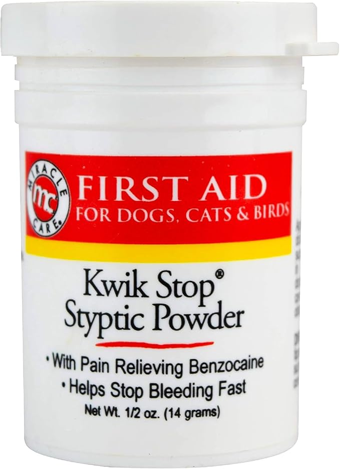 Miracle Care Kwik Stop Styptic Powder For Dogs, Cats and Birds, 0.5 Ounce, Fast Acting Blood Stop Powder with Pain Relieving Benzocaine