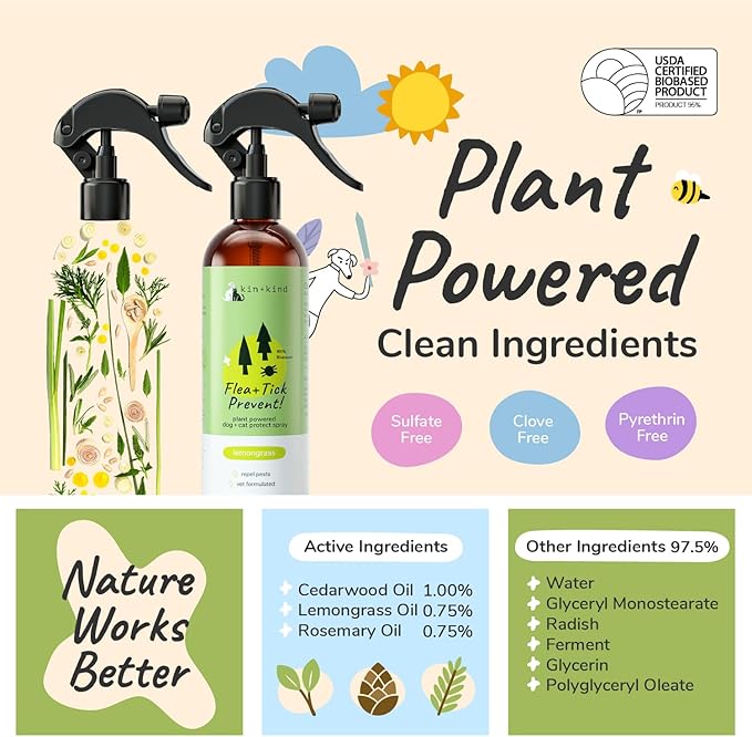 kin+kind Plant-Based Flea & Tick Spray for Dogs and Cats with Lemongrass - Essential for Flea & Tick Treatment - Flea Spray for Dogs and Cats - Pet Supplies 12 fl oz