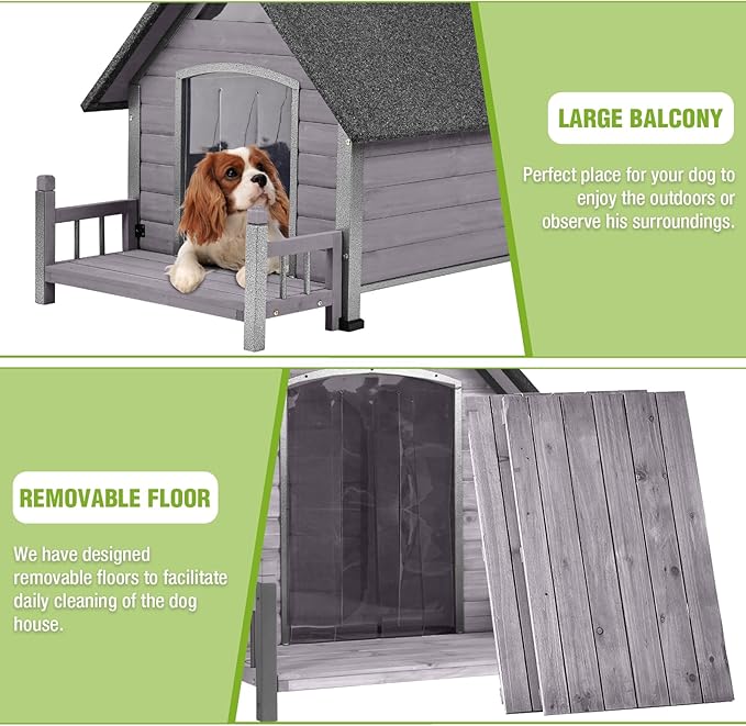GUTINNEEN Dog House Outdoor with Anti-Bite Metal Frame, Dog Kennel with Porch and Weatherproof Roof for Small, Medium, Large Breeds, Puppy Home Indoor (Grey, 45’’ Medium)