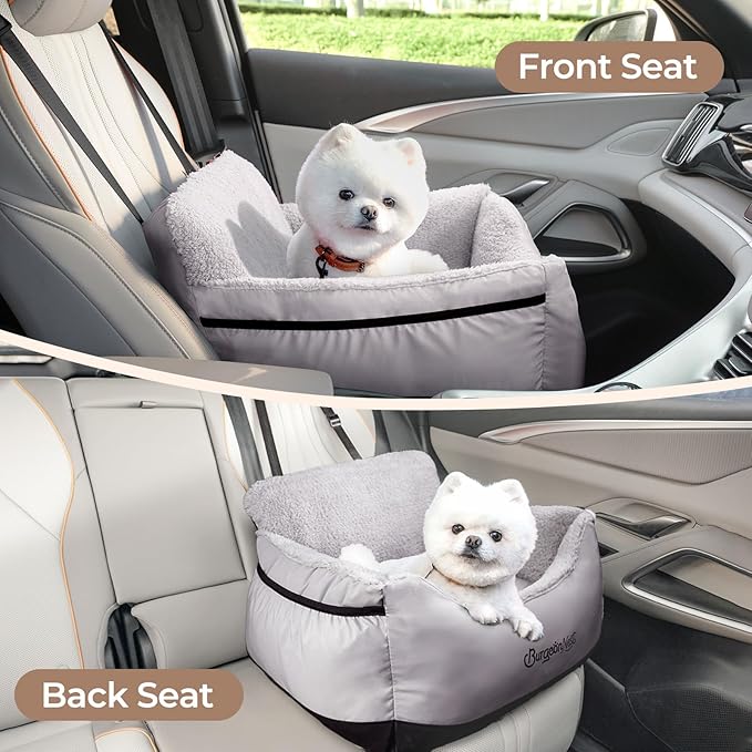 BurgeonNest Dog Car Seat for Small Dogs, Detachable and Washable Cat Carseats Under 25 lbs, Soft Pet Booster Seats with Storage Pockets and Clip-On Leash Portable Car Travel Carrier Bed, Black Grey