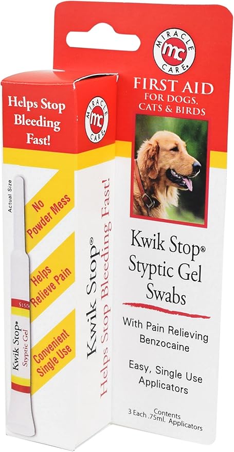 Miracle Care Kwik Stop Styptic Gel Swabs For Dogs, Cats and Birds, 3 Single Use Applicators, Fast Acting Blood Stop with Pain Relieving Benzocaine