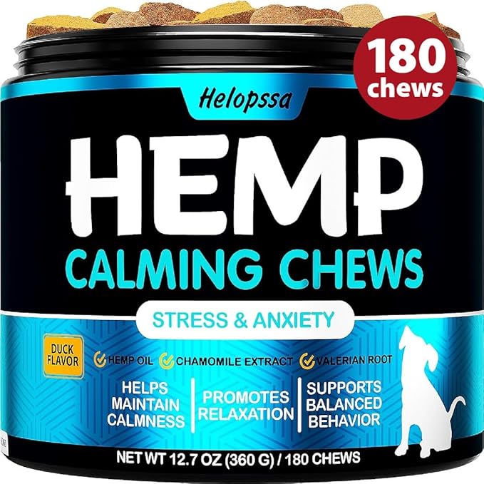 Hemp Calming Chews for Dogs with Anxiety and Stress - 180 Soft Dog Calming Treats - Dog Anxiety Relief - Storms, Fireworks, Thunder, Barking, Separation Aid - Valerian Root - L-Tryptophan - Hemp Oil
