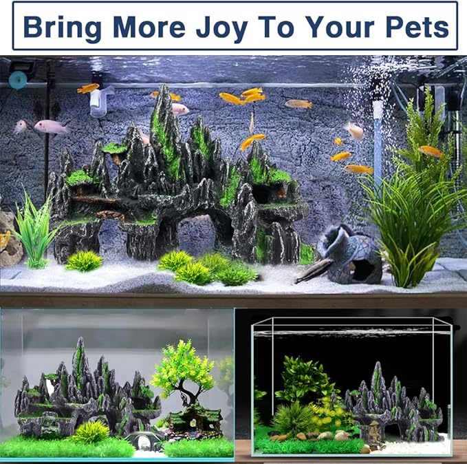 Large Fish Tank Decorations - Aquarium Rock Mountain View Ornament Tree House Cave for Large Glofish Tank - 13 Inches Long