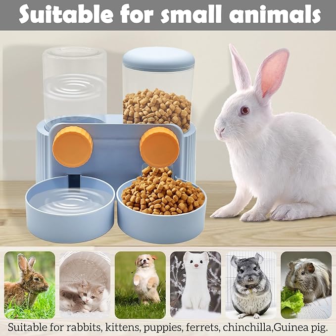 kathson Automatic Rabbit Food and Water Dispenser for Cage, Auto Gravity Bunny Feeder and Water Set Hanging Small Animal Feeding & Watering Supplies for Guinea Pig Ferret Puppy Kitten (Blue)