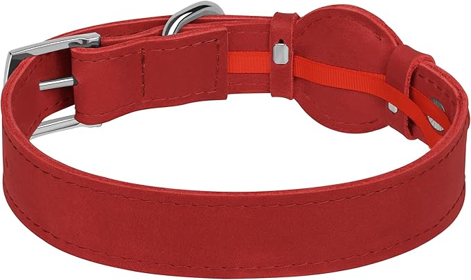Leather Dog Collar with Airtag Holder - Apple AirTag Dog Collars - Soft Tracking Smart GPS Pet Collar for Small Medium Large Dogs Puppy (Red, XL, 19"-24" Neck Fit)