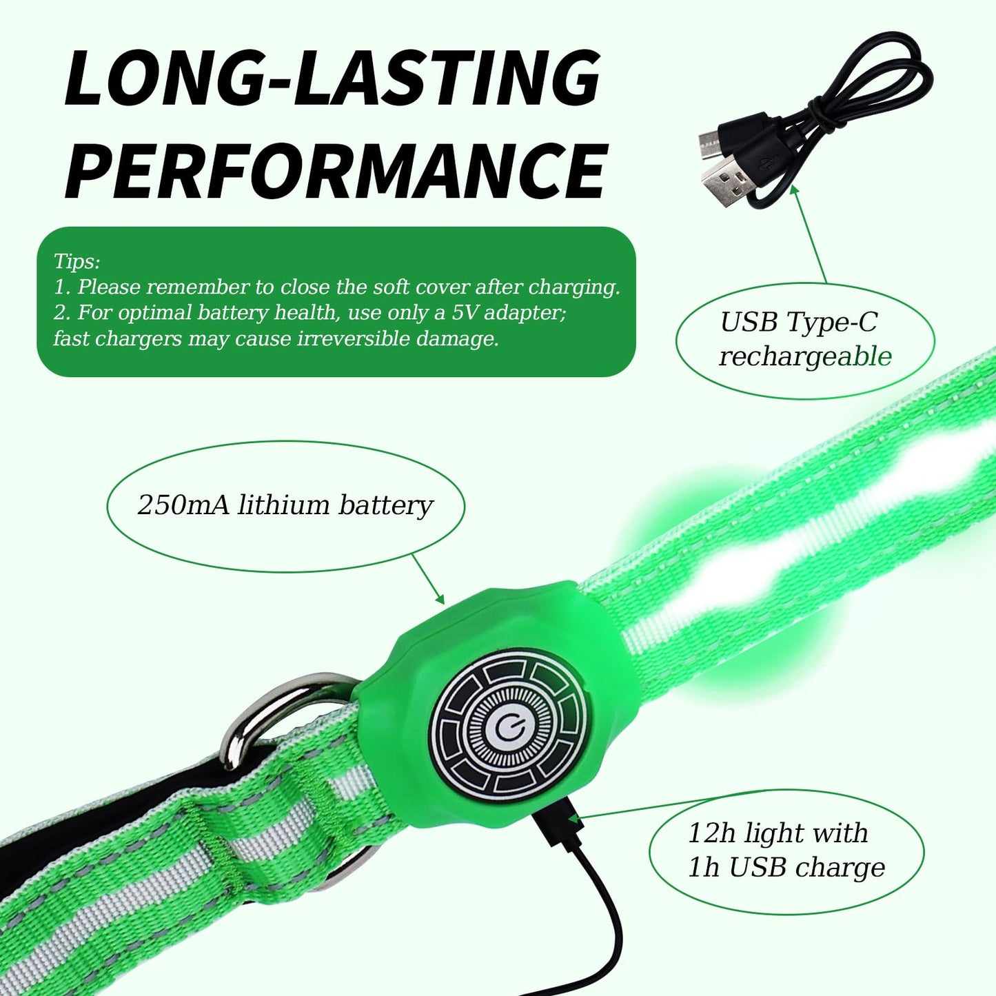 TuuToo LED Light Up Dog Leash, 5 Ft Rechargeable Lighted Glowing Dog Leash with 3 Flash Modes Night Walking Safety, Nylon Waterproof Reflective Leashes with Padded Handle for Small Medium Large Pet